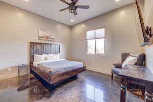 Bedroom featuring finished concrete flooring, recessed lighting, and ceiling fan