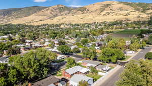 Aerial view of residential area with mountains