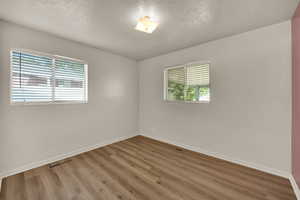 Spare room with a textured ceiling and wood finished floors