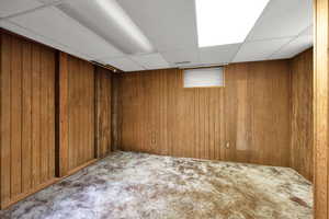 Below grade area featuring a paneled ceiling, carpet flooring, and wooden walls