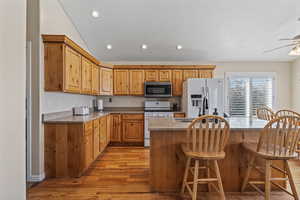 Kitchen featuring appliances with stainless steel finishes, an island with sink, light wood-type flooring, light stone countertops, and recessed lighting