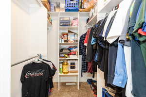 Walk in closet featuring light carpet