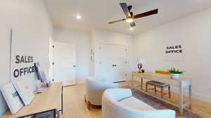 Office featuring light wood-type flooring, recessed lighting, and ceiling fan