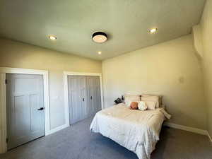 Bedroom featuring carpet floors, recessed lighting, and a closet
