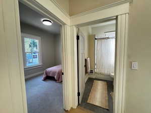 Hallway with carpet floors and baseboards