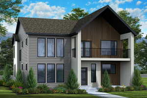View of front of home with a balcony, board and batten siding, roof with shingles, and a front yard