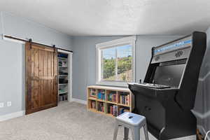 Home office with a barn door, light carpet, a textured ceiling, and vaulted ceiling