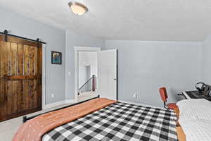 Carpeted bedroom featuring a barn door and a textured ceiling