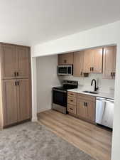 Kitchen featuring appliances with stainless steel finishes and light wood-style flooring
