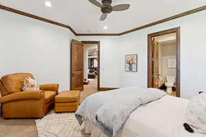 Carpeted bedroom with recessed lighting, crown molding, ceiling fan, and connected bathroom