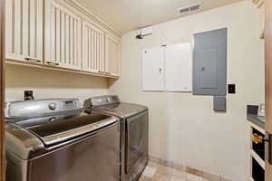 Laundry area featuring electric panel, washer and clothes dryer, and cabinet space