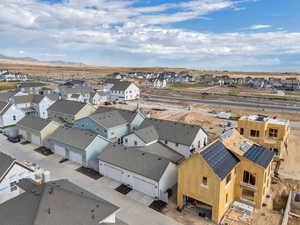Aerial view of residential area with a mountain backdrop