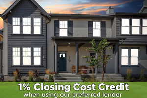 View of front facade with covered porch, stucco siding, and a chimney