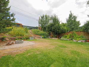 Fenced backyard featuring a garden, a patio, and an outdoor fire pit