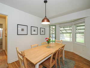 Dining space with healthy amount of natural light and dark wood finished floors