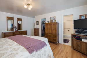Bedroom featuring a spacious closet, light wood finished floors, and ensuite bath