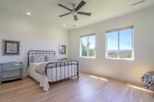 Bedroom featuring ornamental molding, light wood finished floors, ceiling fan, and recessed lighting