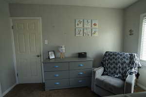 Living area featuring dark colored carpet and baseboards