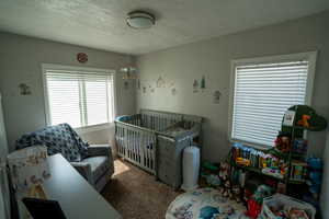 Bedroom featuring carpet floors, a textured ceiling, and a crib
