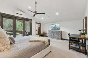 Bedroom featuring lofted ceiling, access to outside, carpet floors, recessed lighting, and a ceiling fan