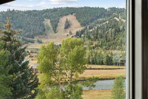 View of mountain background featuring a large body of water and a forest