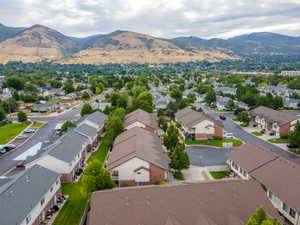 Aerial perspective of suburban area with mountains