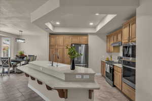Kitchen featuring appliances with stainless steel finishes, a raised ceiling, a center island with sink, recessed lighting, and pendant lighting