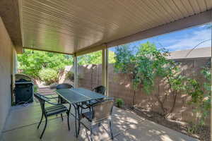 Fenced backyard with a patio area, outdoor dining space, and a grill