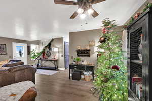 Living room featuring wood finished floors, ceiling fan, and a textured ceiling