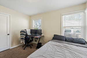 Bedroom with carpet and an office area