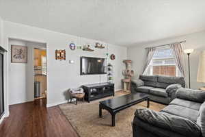 Living room featuring dark wood finished floors and a textured ceiling