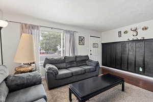 Living room featuring a textured ceiling and wood finished floors