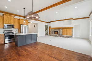 Kitchen with appliances with stainless steel finishes, gray cabinetry, open floor plan, dark colored carpet, and decorative light fixtures