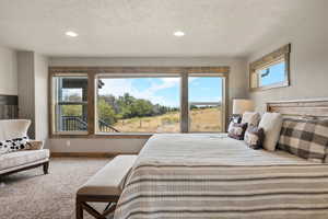 Bedroom featuring carpet floors, a textured ceiling, and recessed lighting