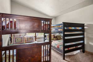 Carpeted bedroom with a textured ceiling and vaulted ceiling