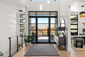 Entrance foyer featuring light wood-style floors, a mountain view, and a high ceiling