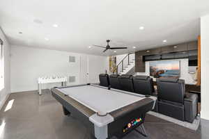 Playroom with recessed lighting, pool table, and ceiling fan
