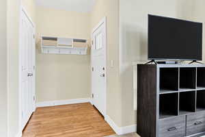Entryway with baseboards and wood finished floors