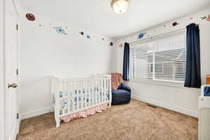Bedroom with carpet and a nursery area