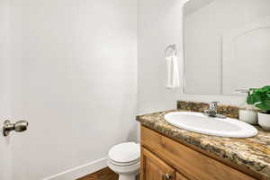 Bathroom featuring vanity and dark wood-type flooring