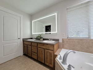 Primary en-suite bathroom with double vanity, shower and large bathtub
