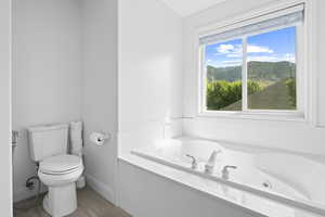 Full bathroom with a jetted tub, a mountain view, and tile patterned flooring