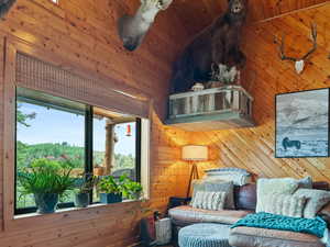 Living area with wood walls and wood finished floors