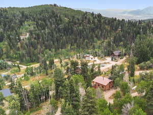 Aerial view of property's location featuring a heavily wooded area and a mountainous background