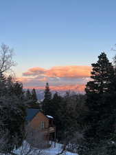 View of mountain backdrop featuring a forest