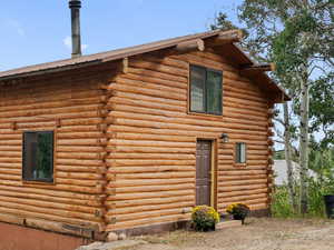 View of home's exterior featuring log exterior, a metal roof, and dirt driveway