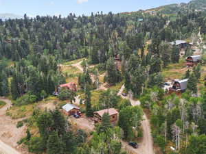 Aerial view of property and surrounding area with a forest
