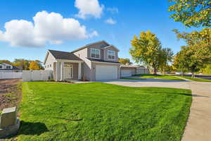 Traditional-style home with concrete driveway, a gate, and a garage