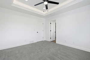 Spare room featuring carpet, a tray ceiling, crown molding, and a ceiling fan