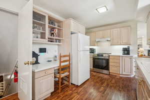 Kitchen featuring dark wood finished floors, freestanding refrigerator, light countertops, stainless steel range with electric stovetop, and light brown cabinets